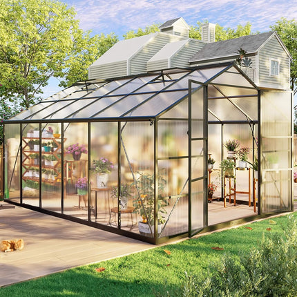 [10X12FT] Outdoor Polycarbonate Aluminum Greenhouse With UV Protection And Thermometer (SAK59183) - Greenhouses | Patioza