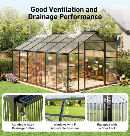[10X12FT] Outdoor Polycarbonate Aluminum Greenhouse With UV Protection And Thermometer (SAK59183) - Greenhouses | Patioza