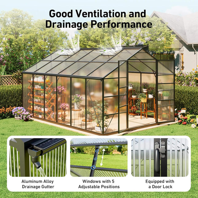 [10X12FT] Outdoor Polycarbonate Aluminum Greenhouse With UV Protection And Thermometer (SAK59183) - Greenhouses | Patioza
