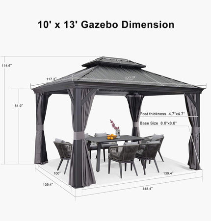 [10X13FT] Alora Large Premium Outdoor Hardtop Aluminum Gazebo With Galvanized Steel Double Roof (SAK74826) - Gazebos | Patioza