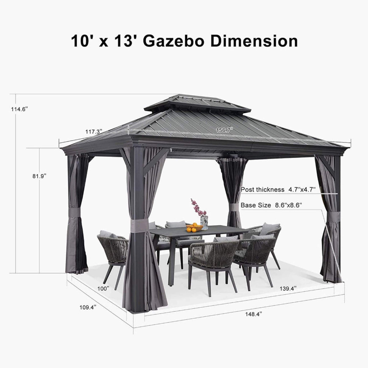 [10X13FT] Alora Large Premium Outdoor Hardtop Aluminum Gazebo With Galvanized Steel Double Roof (SAK74826) - Gazebos | Patioza