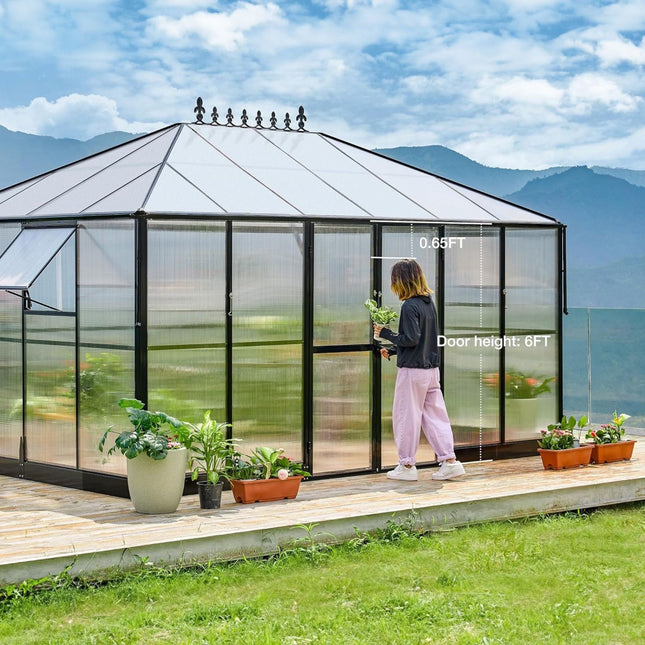 [10X14FT] Premium Outdoor Polycarbonate Greenhouse With Aluminum Frame And Double Swing Doors (SAK23168) - Greenhouses | Patioza