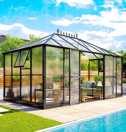[10X14FT] Premium Outdoor Polycarbonate Greenhouse With Aluminum Frame And Double Swing Doors (SAK23168) - Greenhouses | Patioza