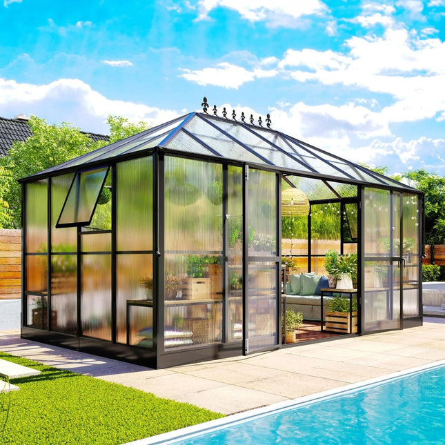 [10X14FT] Premium Outdoor Polycarbonate Greenhouse With Aluminum Frame And Double Swing Doors (SAK23168) - Greenhouses | Patioza