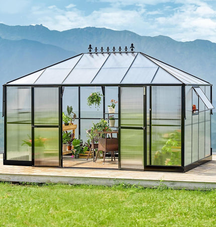 [10X14FT] Premium Outdoor Polycarbonate Greenhouse With Aluminum Frame And Double Swing Doors (SAK23168) - Greenhouses | Patioza