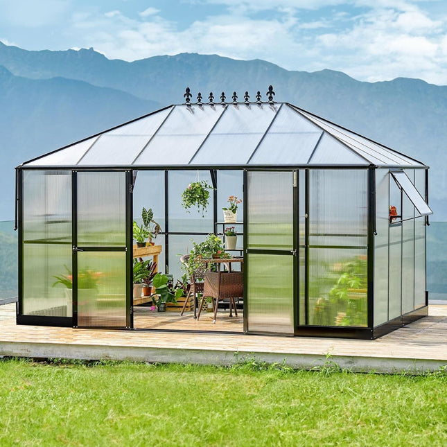 [10X14FT] Premium Outdoor Polycarbonate Greenhouse With Aluminum Frame And Double Swing Doors (SAK23168) - Greenhouses | Patioza