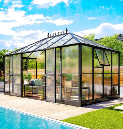 [10X14FT] Premium Outdoor Polycarbonate Greenhouse With Aluminum Frame And Double Swing Doors (SAK23168) - Greenhouses | Patioza