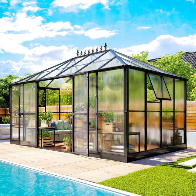 [10X14FT] Premium Outdoor Polycarbonate Greenhouse With Aluminum Frame And Double Swing Doors (SAK23168) - Greenhouses | Patioza