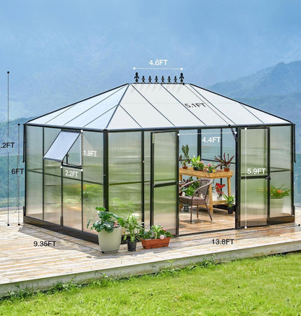[10X14FT] Premium Outdoor Polycarbonate Greenhouse With Aluminum Frame And Double Swing Doors (SAK23168) - Greenhouses | Patioza