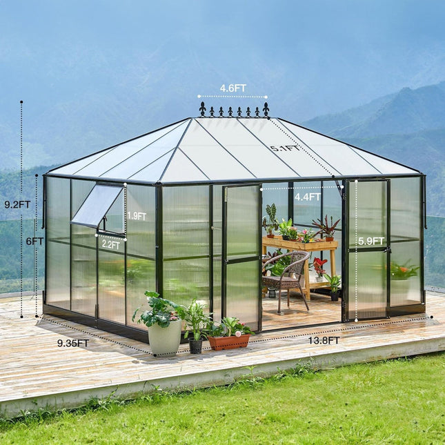 [10X14FT] Premium Outdoor Polycarbonate Greenhouse With Aluminum Frame And Double Swing Doors (SAK23168) - Greenhouses | Patioza