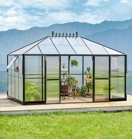 [10X14FT] Premium Outdoor Polycarbonate Greenhouse With Aluminum Frame And Double Swing Doors (SAK23168) - Greenhouses | Patioza