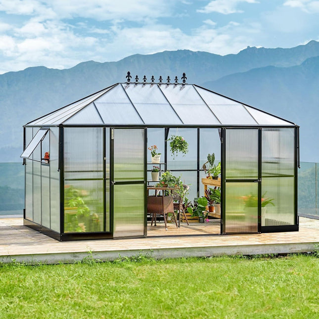 [10X14FT] Premium Outdoor Polycarbonate Greenhouse With Aluminum Frame And Double Swing Doors (SAK23168) - Greenhouses | Patioza