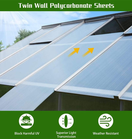 10x16 Ft. Extra Large Heavy-Duty Polycarbonate Aluminum Greenhouse with Sliding Doors and Vents