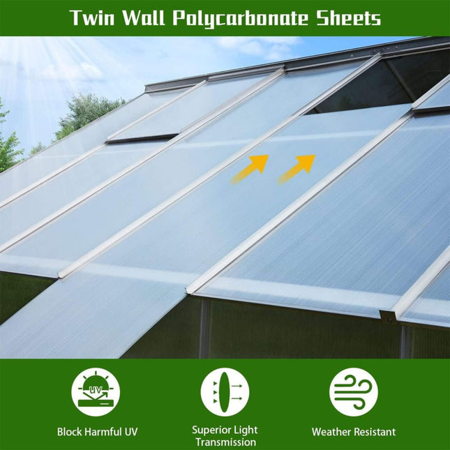 10x16 Ft. Extra Large Heavy-Duty Polycarbonate Aluminum Greenhouse with Sliding Doors and Vents