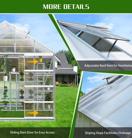 10x16 Ft. Extra Large Heavy-Duty Polycarbonate Aluminum Greenhouse with Sliding Doors and Vents