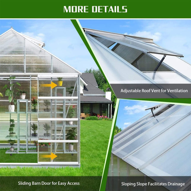 10x16 Ft. Extra Large Heavy-Duty Polycarbonate Aluminum Greenhouse with Sliding Doors and Vents