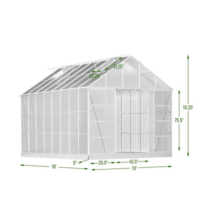 10x16 Ft. Extra Large Heavy-Duty Polycarbonate Aluminum Greenhouse with Sliding Doors and Vents