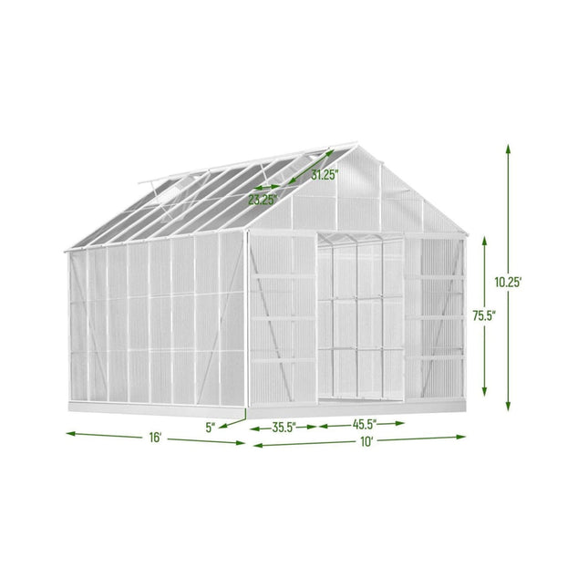 10x16 Ft. Extra Large Heavy-Duty Polycarbonate Aluminum Greenhouse with Sliding Doors and Vents