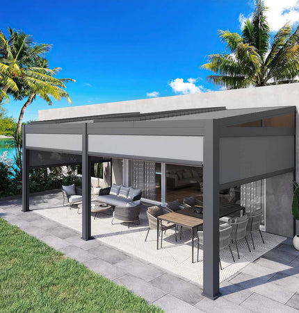[10X20FT] Alora Luxury Wall - Mounted Aluminum Louvered Pergola With Pull - Down Screens (SAK91537) - Pergolas | Patioza