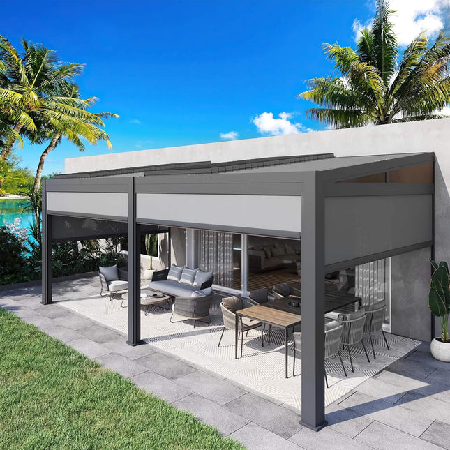 [10X20FT] Alora Luxury Wall - Mounted Aluminum Louvered Pergola With Pull - Down Screens (SAK91537) - Pergolas | Patioza