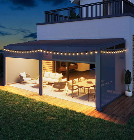 [10X20FT] Alora Luxury Wall - Mounted Aluminum Louvered Pergola With Pull - Down Screens (SAK91537) - Pergolas | Patioza