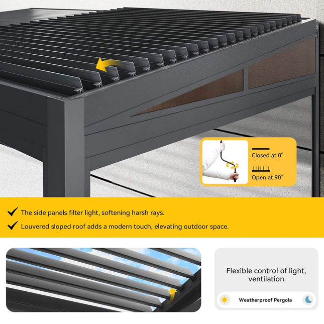 [10X20FT] Alora Luxury Wall - Mounted Aluminum Louvered Pergola With Pull - Down Screens (SAK91537) - Pergolas | Patioza