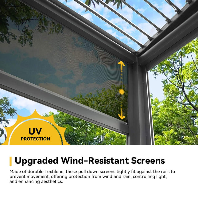 [10X20FT] Alora Luxury Wall - Mounted Aluminum Louvered Pergola With Pull - Down Screens (SAK91537) - Pergolas | Patioza