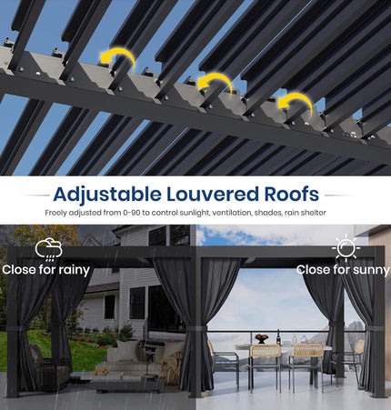 [10X20FT] Alora Premium Louvered Pergola With Curtains And Netting (SAK67041) - Pergolas | Patioza