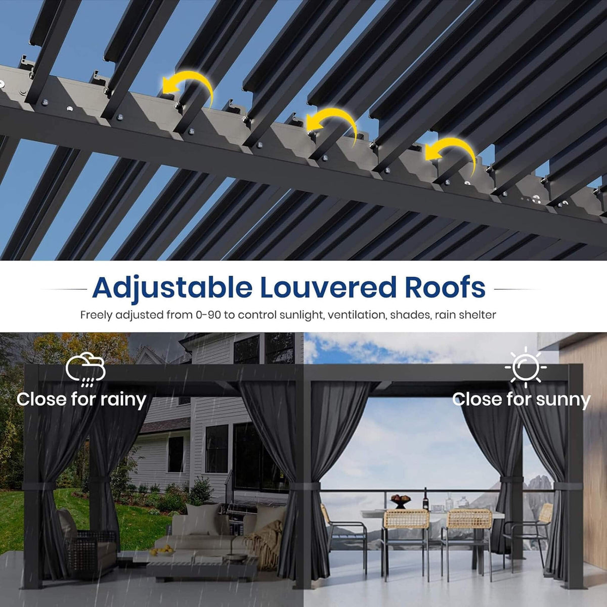 [10X20FT] Alora Premium Louvered Pergola With Curtains And Netting (SAK67041) - Pergolas | Patioza