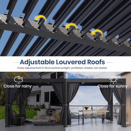 [10X20FT] Alora Premium Louvered Pergola With Curtains And Netting (SAK67041) - Pergolas | Patioza