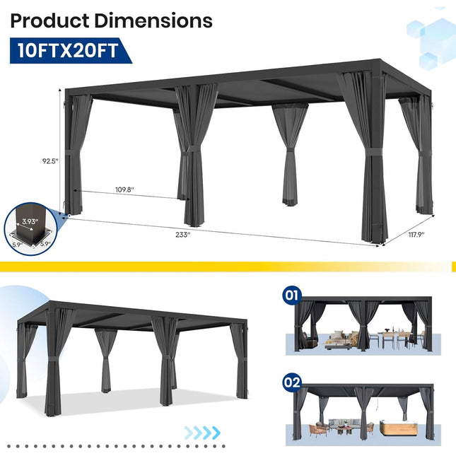 [10X20FT] Alora Premium Louvered Pergola With Curtains And Netting (SAK67041) - Pergolas | Patioza