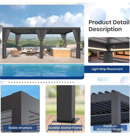 [10X20FT] Alora Premium Louvered Pergola With Curtains And Netting (SAK67041) - Pergolas | Patioza