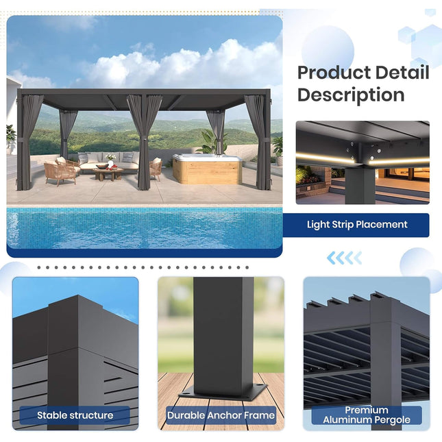[10X20FT] Alora Premium Louvered Pergola With Curtains And Netting (SAK67041) - Pergolas | Patioza