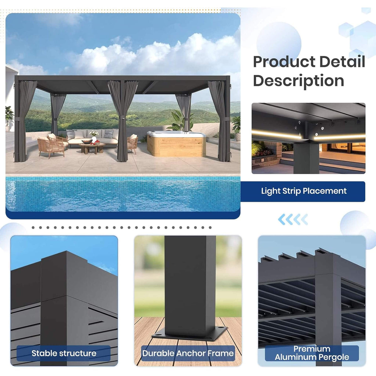 [10X20FT] Alora Premium Louvered Pergola With Curtains And Netting (SAK67041) - Pergolas | Patioza