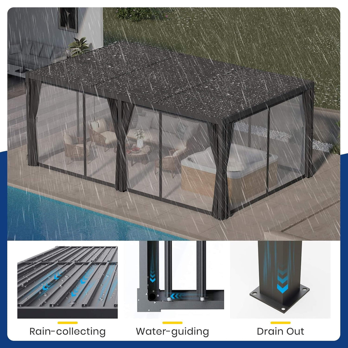 [10X20FT] Alora Premium Louvered Pergola With Curtains And Netting (SAK67041) - Pergolas | Patioza