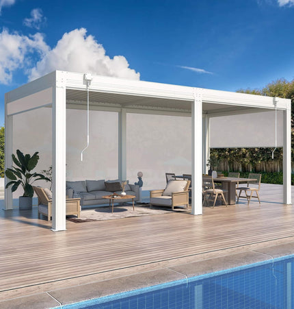 Alora White Louvered Aluminum Pergola With Adjustable Roof And Pull - Down Screens (SAK46817) - Pergolas | Patioza