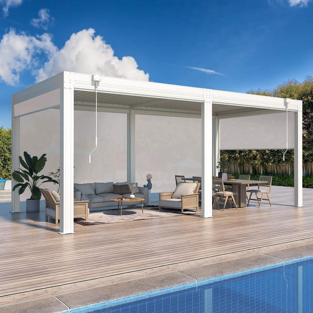 Alora White Louvered Aluminum Pergola With Adjustable Roof And Pull - Down Screens (SAK46817) - Pergolas | Patioza