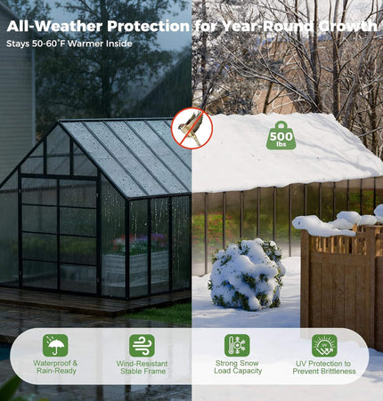 10x32 Ft. Heavy-Duty Outdoor Aluminum Polycarbonate Greenhouse with Roof Vents and Swing Doors