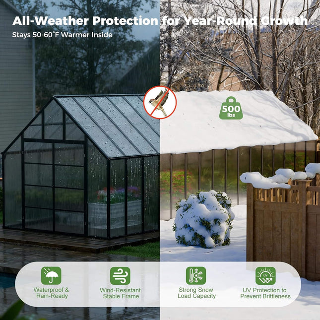 10x32 Ft. Heavy-Duty Outdoor Aluminum Polycarbonate Greenhouse with Roof Vents and Swing Doors