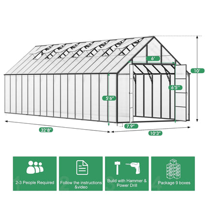 10x32 Ft. Heavy-Duty Outdoor Aluminum Polycarbonate Greenhouse with Roof Vents and Swing Doors