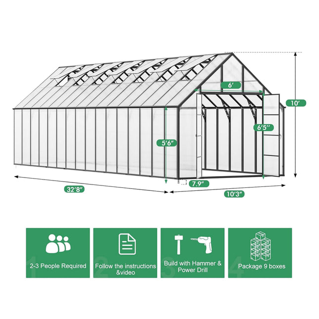 10x32 Ft. Heavy-Duty Outdoor Aluminum Polycarbonate Greenhouse with Roof Vents and Swing Doors