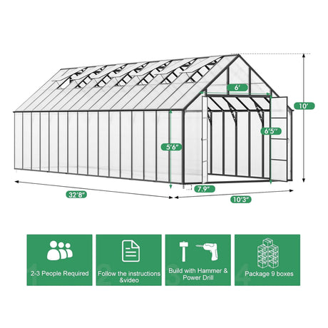 10x32 Ft. Heavy-Duty Outdoor Aluminum Polycarbonate Greenhouse with Roof Vents and Swing Doors - Greenhouses | Patioza