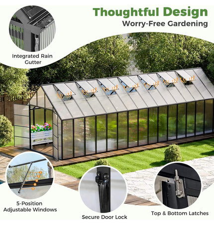 10x32 Ft. Heavy-Duty Outdoor Aluminum Polycarbonate Greenhouse with Roof Vents and Swing Doors