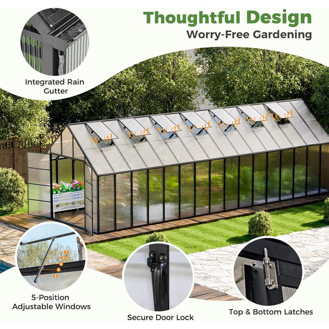 10x32 Ft. Heavy-Duty Outdoor Aluminum Polycarbonate Greenhouse with Roof Vents and Swing Doors