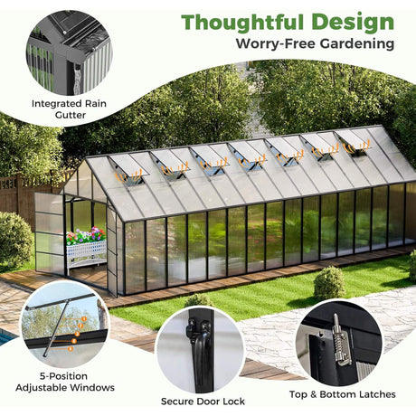10x32 Ft. Heavy-Duty Outdoor Aluminum Polycarbonate Greenhouse with Roof Vents and Swing Doors - Greenhouses | Patioza