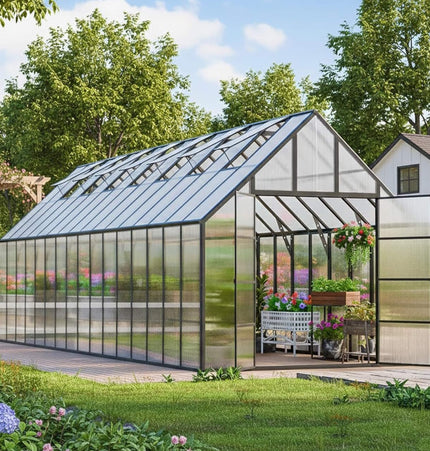 10x32 Ft. Heavy-Duty Outdoor Aluminum Polycarbonate Greenhouse with Roof Vents and Swing Doors