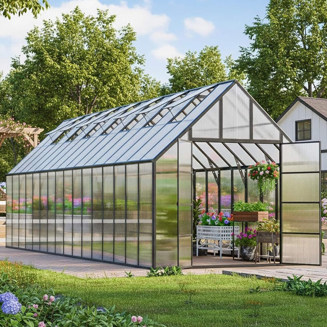 10x32 Ft. Heavy-Duty Outdoor Aluminum Polycarbonate Greenhouse with Roof Vents and Swing Doors