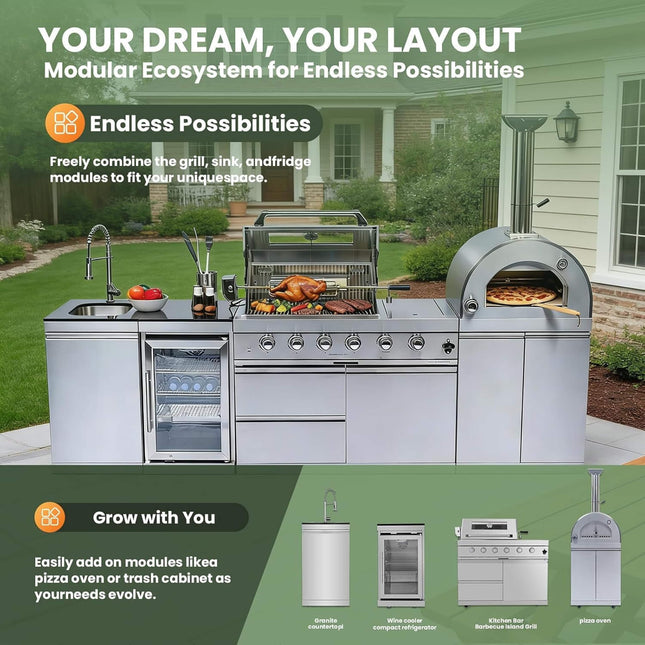 Blazon 112-Inch 4-Burner 108K BTU Outdoor Kitchen Island With Pizza Oven, Rotisserie & Refrigerator (SAK94565) - Outdoor Kitchen Islands | Patioza