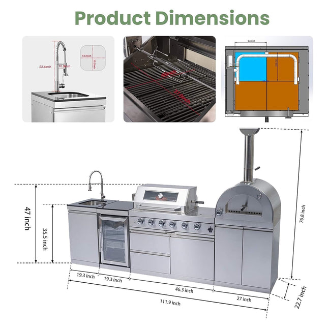Blazon 112-Inch 4-Burner 108K BTU Outdoor Kitchen Island With Pizza Oven, Rotisserie & Refrigerator (SAK94565) - Outdoor Kitchen Islands | Patioza