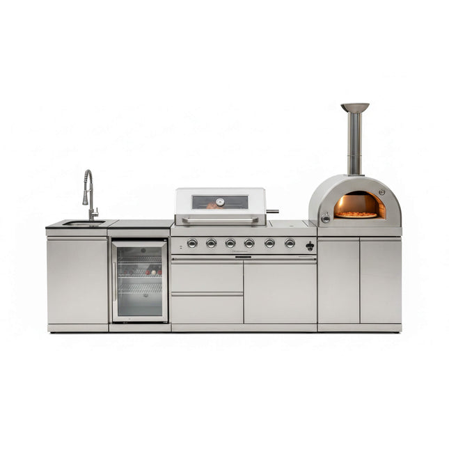 Blazon 112-Inch 4-Burner 108K BTU Outdoor Kitchen Island With Pizza Oven, Rotisserie & Refrigerator (SAK94565) - Outdoor Kitchen Islands | Patioza